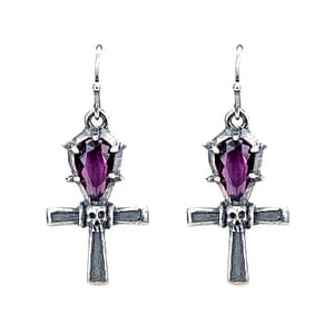 silver Ankh dangle earring with purple crystal