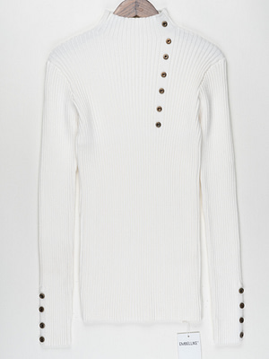 button trim mock turtleneck sweater white