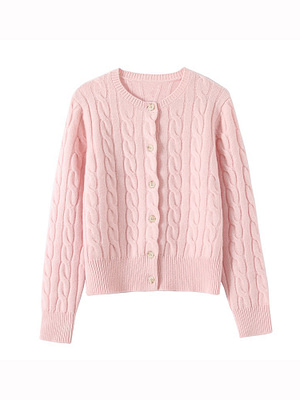 pink cable knit wool cardigan