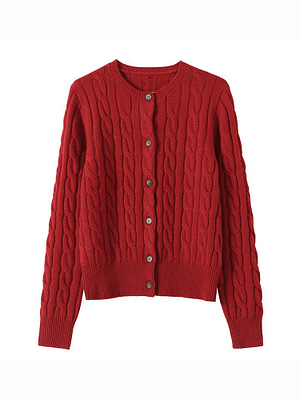 red cable knit wool cardigan