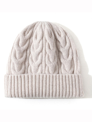 beige cable knit wool beanie