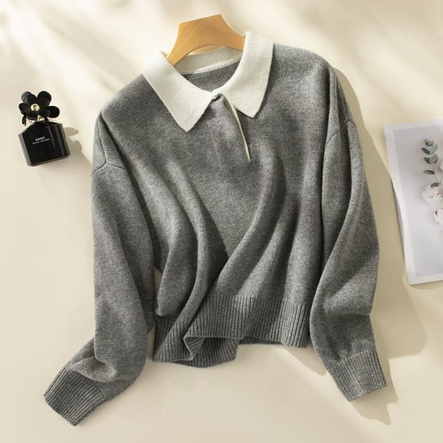 Pure Wool Contrast Collar Polo Sweater Women Autumn Cropped Winter ...